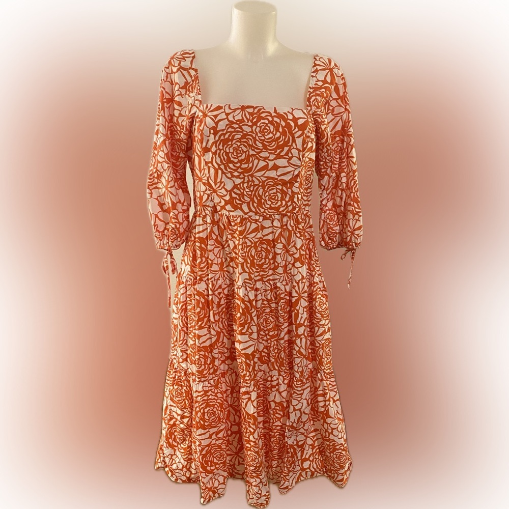 Amanda Uprichard Francine Floral cotton MIDI dress size large orange white - Picture 2 of 6
